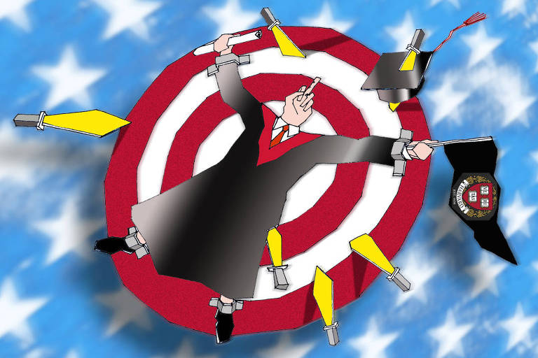 Diante de um fundo levemente desfocado, formado pelas estrelas difusas da bandeira americana, ergue-se um grande alvo de madeira, marcado por círculos concêntricos vermelhos e brancos, com várias facas de lâminas douradas cravadas perigosamente no alvo de madeira. Uma das facas acerta em cheio a beca do estudante. Nele, amarrado de braços e pernas abertos, está um jovem formando da Universidade de Harvard. Mesmo girando indefeso no eixo do número circense, ele encara o perigo com desafio: uma mão ocupa o lugar da cabeça e, erguendo o dedo médio, ele o dirige a quem lança as facas. Na mão direita, segura com firmeza o diploma enrolado; na esquerda, uma flâmula triangular tremula com o emblema da Universidade, onde se lê, em silabação provocadora: Ve-RI-Tas — “verdade”, a palavra Harvard e a data de sua fundação, ano de 1.636.