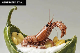 In a handout image generated by artificial intelligence, for a spot prawn dish at Esm, in Chicago, the chef Jenner Tomaska ask A.I. for images of the ingredients inside a poblano-shaped bowl. (Via The New York Times)
