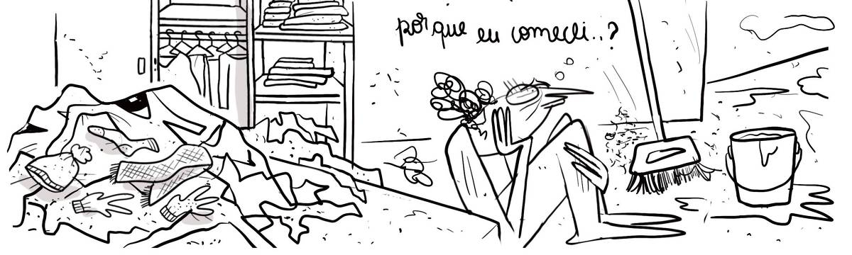 A tira Viver Dói, de Fabiane Langona, publicada em 04/06 é composta um único quadro horizontal. Nele Vemos uma mulher com aspecto cansado e arrependido sentada  em um chão sujo. Ao lado da personagem, vemos duas pilhas de roupas e outras esparramadas sobre uma cama. Compondo a cena também vemos uma vassoura recostada em uma parede e um balde.  No quadrinho 1, um balão de fala indica o pensamento da personagem, que diz: “Por que eu comecei..?”.