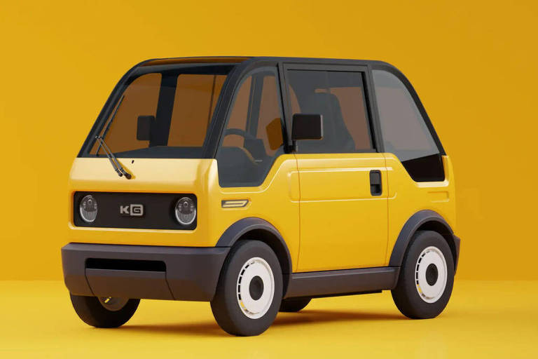 Um carro pequeno e estilizado, predominantemente amarelo, com janelas pretas e rodas brancas. O design é moderno e minimalista, com uma forma quadrada e linhas suaves. O fundo é de uma cor amarela sólida, complementando o veículo.