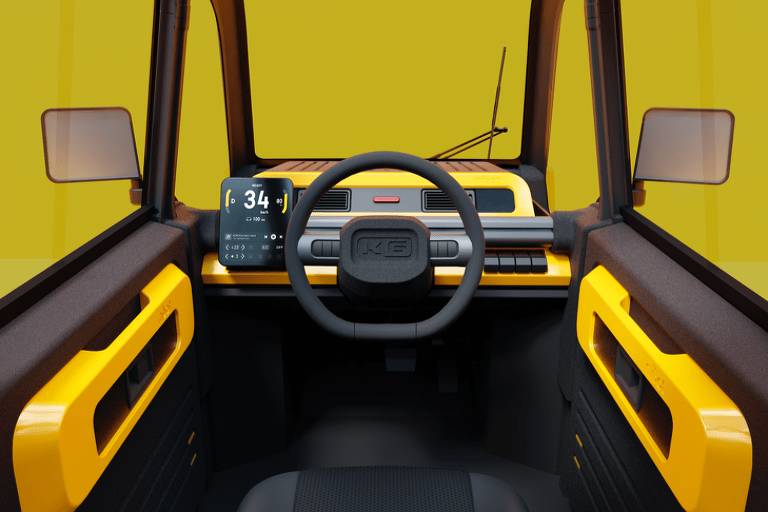 A imagem mostra o interior de um veículo com um design moderno e minimalista. O painel é predominantemente amarelo, com detalhes em preto. O volante é circular e há um display digital que indica a temperatura, mostrando '34'. As portas têm um design simples com alças amarelas. O fundo da imagem é amarelo, criando um ambiente vibrante e acolhedor.
