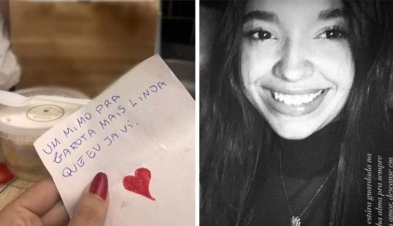 A imagem é dividida em duas partes. À esquerda, há uma mão segurando um bilhete escrito à mão que diz: 'UM MIMO PARA A GAROTA MAIS LINDA QUE EU JÁ VI!' e possui um desenho de um coração vermelho. Ao fundo, pode-se ver um recipiente de comida. À direita, há uma foto em preto e branco de uma jovem sorridente, com cabelo solto e usando um colar. O fundo é desfocado, mas parece ser uma superfície neutra.