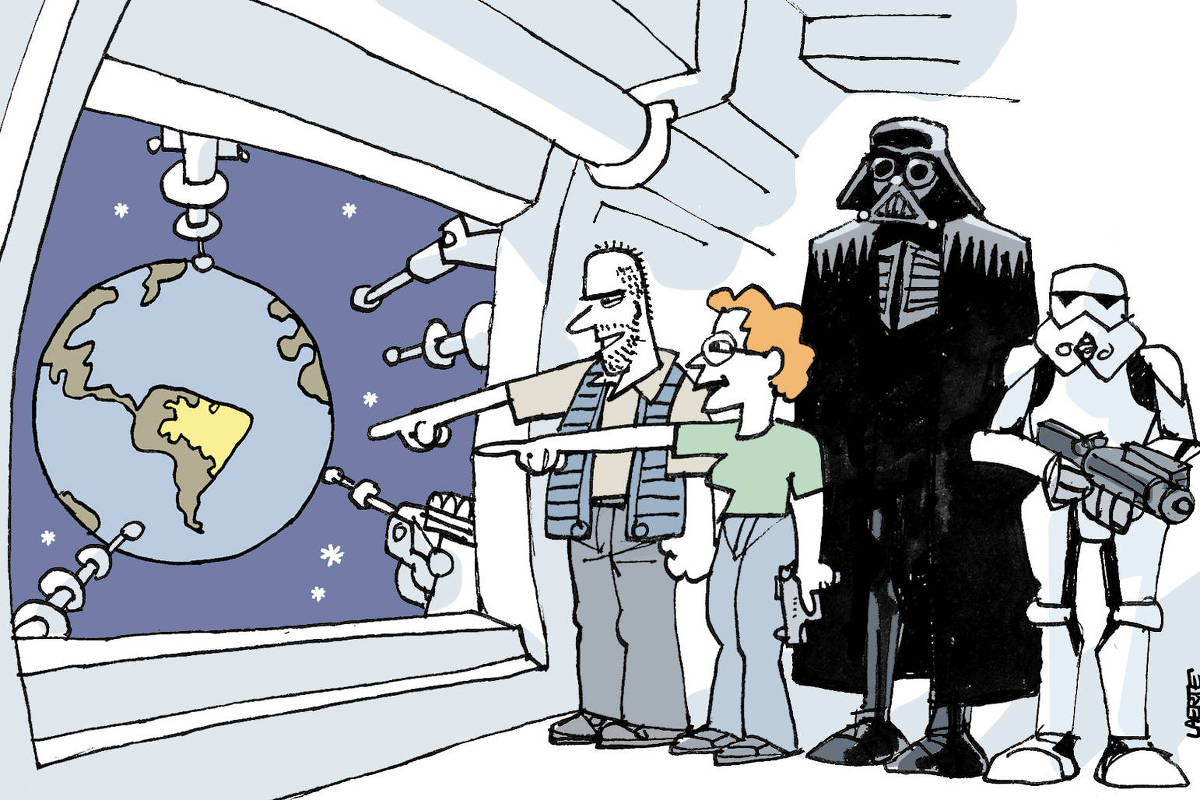 Eduardo Bolsonaro e Carla Zambelli estão a bordo de uma nave espacial, ao lado de Darh Vader e de um soldado stormtrooper de Guerra nas Estrelas. Estão ao lado de uma grande janela que se abre sobre o espaço sideral e apontam para o Brasil, no planeta Terra. Armas da nave também apontam para lá, fazendo mira.