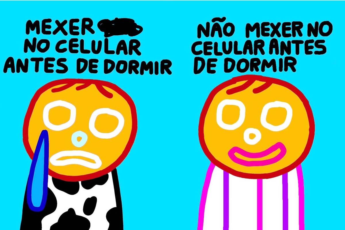A charge apresenta duas figuras com rostos de desenho animado. À esquerda, uma figura com uma expressão triste, vestindo uma camisa com estampa de manchas pretas sobre fundo branco, e uma lágrima escorrendo. À direita, uma figura com um sorriso, vestindo uma roupa listrado. O fundo é azul e há texto em letras grandes: "MEXER NO CELULAR ANTES DE DORMIR" à esquerda e "NÃO MEXER NO CELULAR ANTES DE DORMIR" à direita.