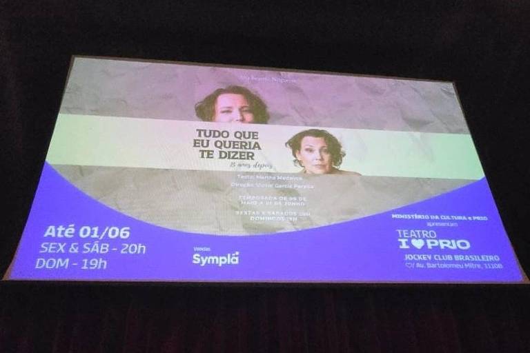 Um cartaz de espetáculo teatral com o título "TUDO QUE EU QUERIA TE DIZER". Abaixo do título, há informações sobre as datas e horários das apresentações, que ocorrem até 01/06, às sextas e sábados às 20h e domingos às 19h. O cartaz é apresentado em um fundo com texturas e cores suaves, e inclui o logotipo da Sympla e do Teatro I Pro.