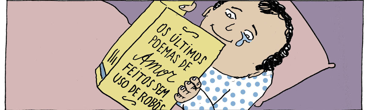 A tira de André Dahmer, publicada em 05.06.2025, tem apenas um quadro. Nele, um rapaz visivelmente emocionado lê o livro "Os últimos poemas de amor feitos sem uso de robôs".
