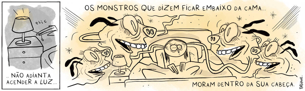 A tira Viver Dói, de Fabiane Langona, publicada em 05/06/25 é composta por dois quadros horizontais. No primeiro, vemos apenas uma mão, ligando a luz de um abajur que encontra-se em cima de uma mesinha de cabeceira. No quadro seguinte, vemos uma moça na cama, sentada entre cobertores com olhar desnorteado. De cada um de seus ouvidos saem amórficos monstrinhos. Eles tem um olhar levemente meigo por assustador e sorriem com gengivas protuberantes cheias de dentes. Suas orelhas parecem com as de um cão salsicha, porém pretas.  No quadrinho 1, um balão misterioso diz: “Não adianta acender a luz”.  No quadrinho 2, vemos de quem era a fala, no caso, do  primeiro monstro que segue a frase: “Os monstros que dizem ficar embaixo da cama”.. Em sequência, um segundo monstro completa a sentença dizendo: “Moram dentro da sua cabeça.”. 