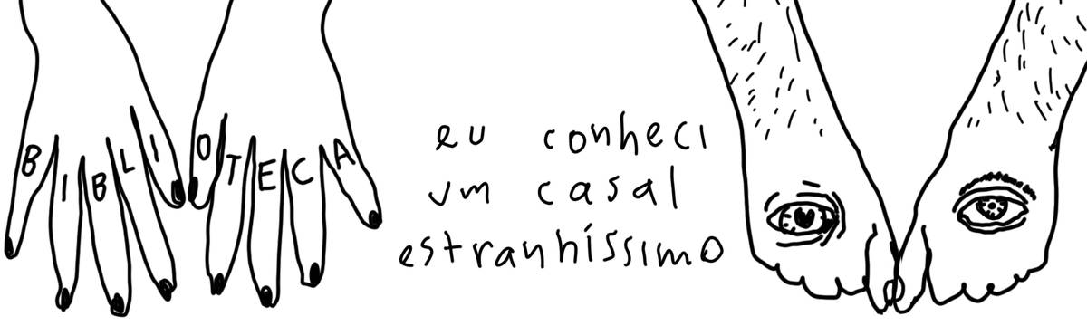 A tirinha em preto e branco de Estela May, publicada em 05/06/25, traz dois pares de mãos. Nas mãos da esquerda, a palavra biblioteca está tatuada nos dedos. Nas mãos da direita, dois olhos nas costas da mãos. Entre as duas imagens, “eu conheci um casal estranhíssimo”.