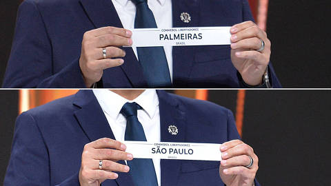 MONTAGEM, Conmebol's Director of Competitions and Operations Frederico Nantes shows the strip corresponding to Brazil's Palmeiras during the draw for the Copa Libertadores round of 16 at the Conmebol headquarters in Luque, Paraguay, on June 2, 2025.****Conmebol's Director of Competitions and Operations Frederico Nantes shows the strip corresponding to Brazil's Sao Paulo during the draw for the Copa Libertadores round of 16 at the Conmebol headquarters in Luque, Paraguay, on June 2, 2025.  (Photo by DANIEL DUARTE / AFP) DIREITOS RESERVADOS. NÃO PUBLICAR SEM AUTORIZAÇÃO DO DETENTOR DOS DIREITOS AUTORAIS E DE IMAGEM