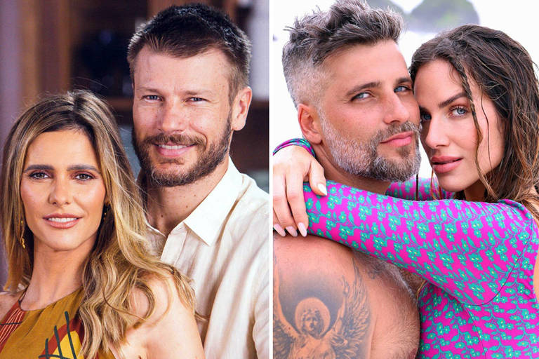 A imagem é dividida em duas partes. À esquerda, um casal posando juntos, com a mulher usando uma blusa de alças e o homem com uma camisa clara. À direita, outro casal também posando, com a mulher vestindo uma blusa colorida e o homem com um corpo tatuado. Ambos os casais estão sorrindo e parecem felizes.