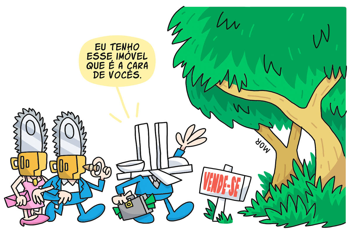 Na charge temos um casal com cabeças de motosserras acompanhados por um corretor de imóveis com cabeça de Congresso Nacional e uma mala cheia de dinheiro dizendo: "Tenho um imóvel que a cara de vocês." enquanto aponta para uma área repleta de árvores e mata com uma placa escrito "vende-se" a frente. 