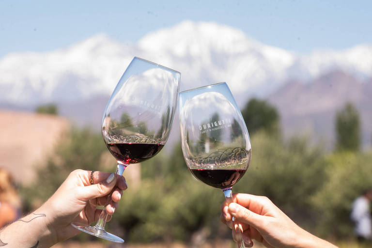 Duas pessoas estão fazendo um brinde com taças de vinho tinto em um ambiente ao ar livre. Ao fundo, há montanhas cobertas de neve e vegetação ao redor. O céu está claro e ensolarado, criando uma atmosfera festiva.