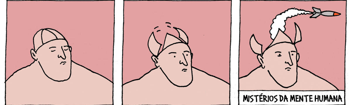 A tira de André Dahmer, publicada em 06.06.2025, tem três quadros. No primeiro quadrinho, um homem está de olhos fechados. Ele tem uma comporta na cabeça. No segundo quadro, o homem está de olhos abertos. É possível ver a comporta em sua cabeça se abrindo lentamente. No terceiro e último quadrinho, um míssil sai de dentro da cabeça do homem. Uma legenda diz: "Mistérios da mente humana".