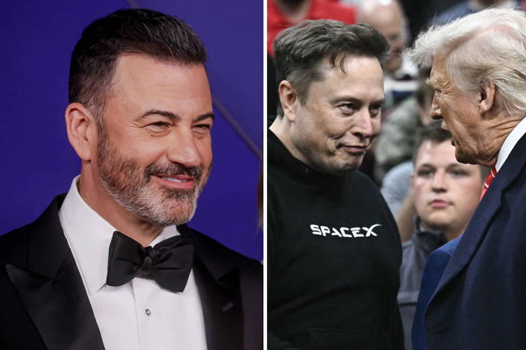 A imagem é dividida em duas partes. À esquerda, um homem com cabelo escuro e barba bem aparada, vestindo um terno preto e gravata, sorrindo. À direita, três homens estão em uma conversa. Um deles, com cabelo escuro e uma camiseta preta com a palavra 'SPACEX', parece estar sorrindo levemente. O segundo homem, com cabelo loiro e uma gravata vermelha, está olhando para o primeiro. Ao fundo, há uma multidão de pessoas.