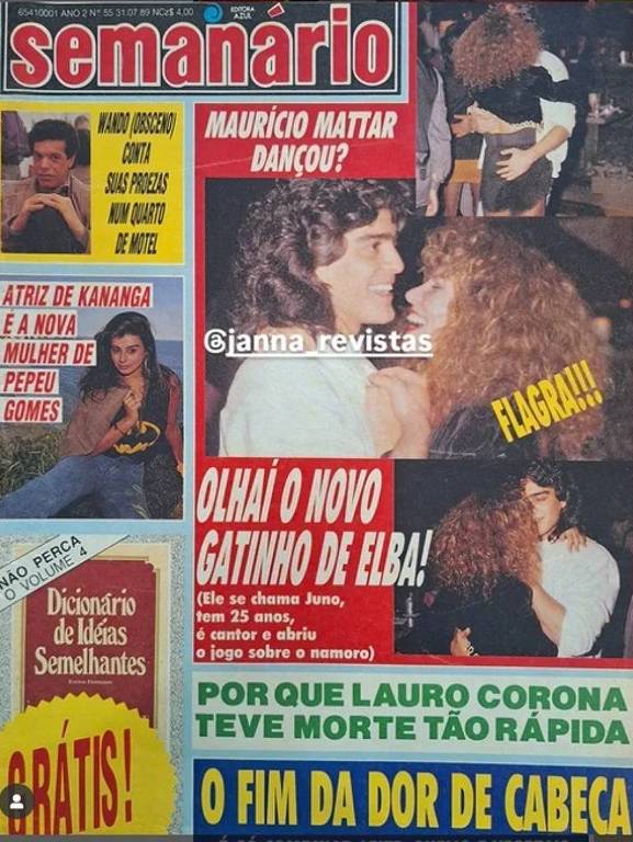 A imagem mostra a capa da revista Semanário, com várias manchetes em destaque. No topo, está escrito 'Semanário' em letras grandes. As manchetes incluem 'Maurício Mattar dançou?', 'Olha o novo gatinho de Elba!' e 'Por que Lauro Corona teve morte tão rápida?'. Há também uma seção chamada 'Dicionário de Ideias Semanárias'. A capa apresenta imagens de pessoas, mas não é possível identificar quem são. O fundo é colorido, com predominância de vermelho e amarelo.