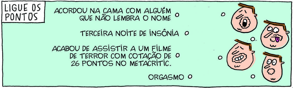 A tirinha Bicudinho, publicada em 07/06/2025, traz o título LIGUE OS PONTOS. Na coluna da esquerda, há o texto com 4 opções e na coluna da esquerda há 4 desenhos do Professor Rocha com expressões correspondentes às opções de texto: 1. Acordou na cama com alguém que não lembra o nome 2. Terceira noite de insônia 3. Acabou de assistir a um filme de terror com cotação de 26 pontos no Metacritic 4. Orgasmo
