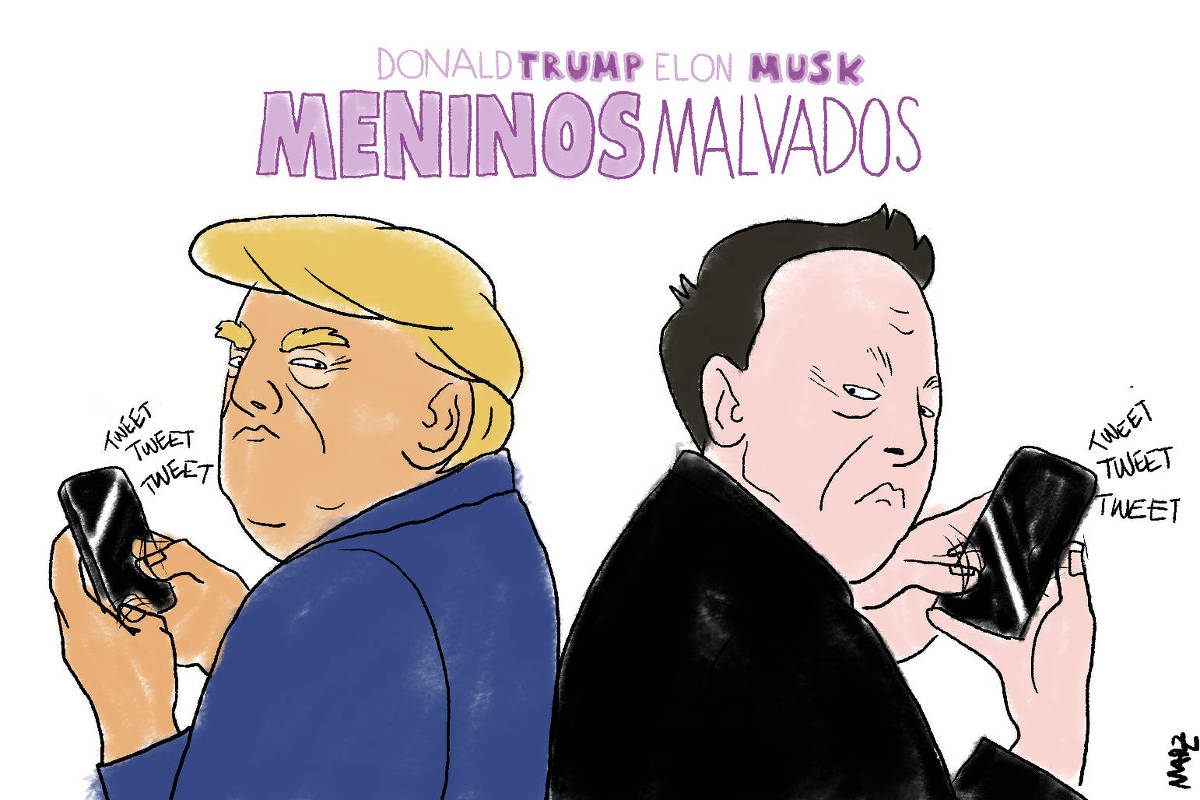 A charge de Marília Marz, publicada no dia 07 de junho, de título "Meninos Malvados", mostra Donald Trump e Elon Musk, de costas um para o outro. Eles se encaram com olhares desconfiados, enquanto tuítam em seus celulares.