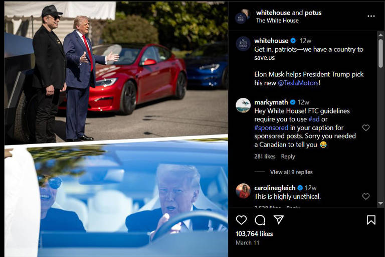 11.mar.2025: Perfil da Casa Branca compartilha uma foto de Trump ao lado de Musk em um Tesla