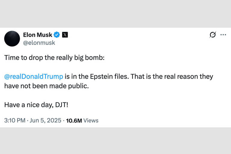 5.jun.2025: Musk afirma, sem apresentar provas, que o nome do presidente consta nos registros do caso Jeffrey Epstein, investidor americano acusado de crimes sexuais e que se suicidou na prisão em 2019