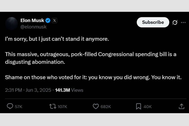 3.jun.2025: Sinto muito, mas eu simplesmente não aguento mais. Este enorme, ultrajante e inflado projeto de lei de gastos do Congresso é uma abominação repugnante. Vergonha para aqueles que votaram a favor: vocês sabem que fizeram algo errado. Vocês sabem disso', escreveu Musk