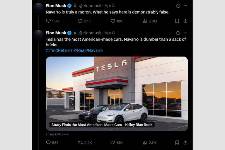 8.abril.2025: 'Navarro é realmente um idiota. O que ele diz aqui é comprovadamente falso', diz Musk sobre o conselheiro de comércio da Casa Branca, Peter Navarro