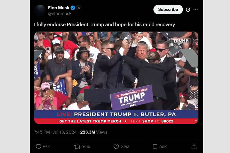13.jul.2024: 'Eu endosso totalmente o presidente Trump e espero por sua rápida recuperação', escreveu Musk após Trump ser vítima de um atentando durante a campanha a Casa Branca