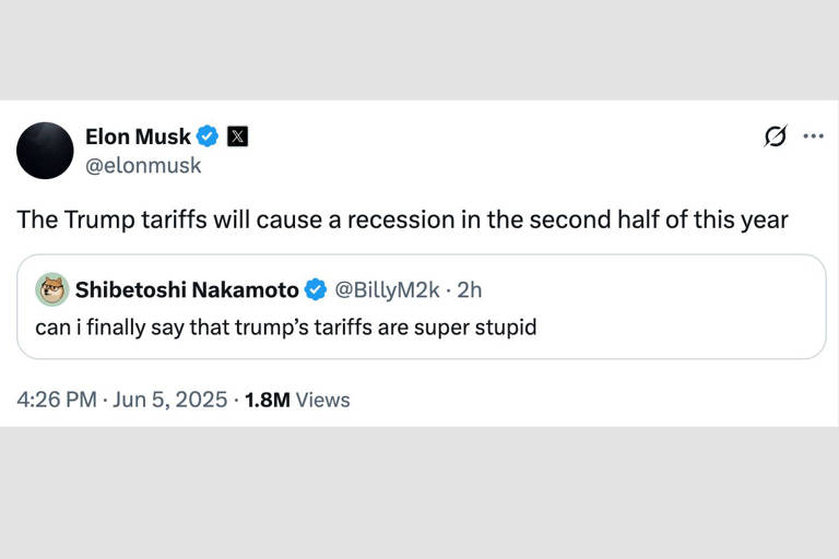 5.jun.2025: Musk diz que o megaprojeto de lei orçamentária de Trump desencadeará uma recessão no país