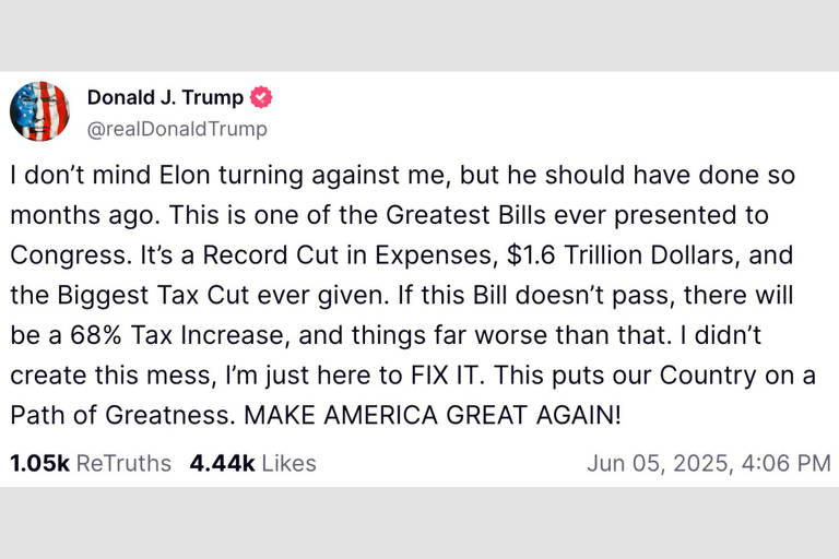 5.jun.2022: Trump defende seu projeto orçamentário e diz que não liga que Musk tenha se virado contra ele, mas que ele deveria ter feito isso antes