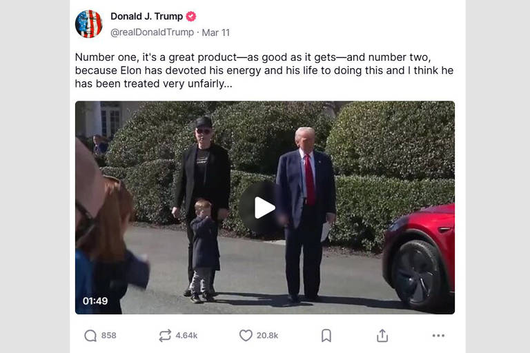 11.mar.2025: Trump volta a defender Musk e produtos da Tesla