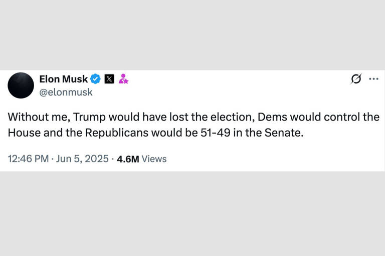 5.jun.2025: Musk diz que, sem a sua ajuda, Trump não teria vencido as eleições