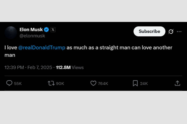 7.fev.2025: 'Eu amo @realDonaldTrump tanto quanto um homem heterossexual pode amar outro homem', declara Musk