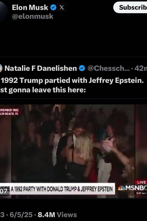 5.jun.2025: Musk compartilha vídeo em que Trump aparece ao lado de Jeffrey Epstein