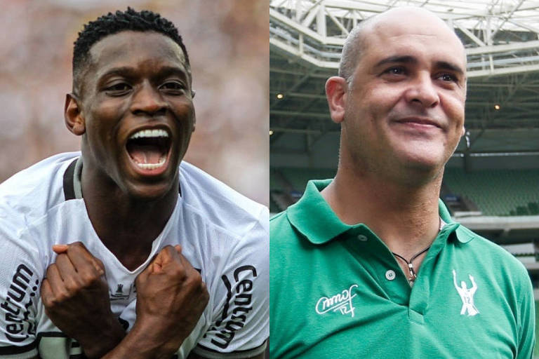 A imagem é dividida em duas partes. À esquerda, um jogador de futebol está comemorando, com os braços levantados e um sorriso no rosto, vestindo uma camisa branca com detalhes em preto. À direita, um homem está sorrindo, usando uma camisa verde, com um logotipo visível no peito. O fundo da imagem mostra um estádio de futebol.