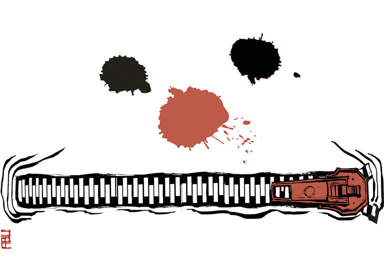 A imagem apresenta uma ilustração estilizada de um zíper, que se estende horizontalmente. Acima do zíper, há manchas de tinta preta e uma mancha de tinta vermelha, que se assemelham a um rosto. O zíper é representado de forma simplificada, com um cursor na extremidade direita. O fundo é branco, destacando os elementos da ilustração.