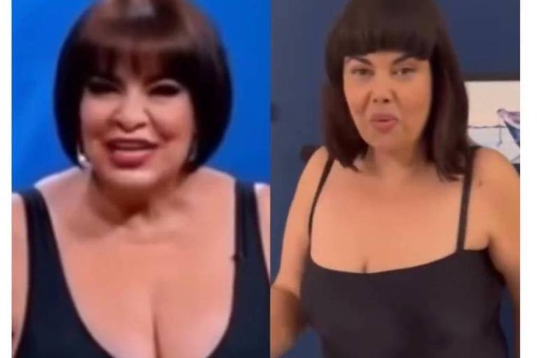 A imagem é uma montagem com duas fotos de uma mulher usando um maiô preto. À esquerda, ela está em um cenário de estúdio, sorrindo, com cabelo curto e liso. À direita, a mesma mulher está em um ambiente diferente, em pé, com uma expressão facial mais séria. Ambas as fotos mostram a mulher em um maiô de alças finas, destacando suas pernas e a silhueta.