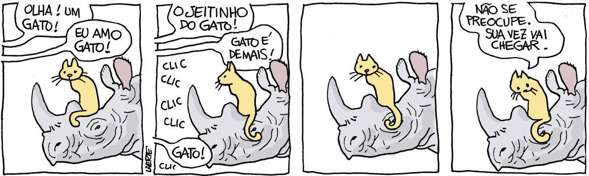 Tira de Laerte, em 4 quadrinhos. 1) Um gato está sentado sobre o focinho de um rinoceronte. De fora de cena chegam vozes de pessoas: “Olha! Um gato!” - “Eu amo gato!” 2) As vozes continuam dizendo: “O jeitinho do gato!” - “Gato é demais” - “Gato!”. ouvem-se vários CLICs de fotos sendo batidas. 3) O gato e o rinoceronte continuam parados. 4) O gato diz para o rinoceronte: “Não se preocupe. Sua vez vai chegar.”
