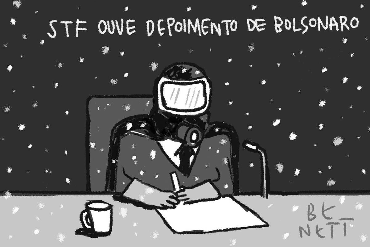 A charge de hoje publicada pela Folha em todas as suas plataformas é de Benett (@cartunistabenett). O desenho em preto e branco que retrata uma cena sombria e irônica. No centro da imagem, há uma figura sentada em uma cadeira, atrás de uma mesa. Essa figura está vestida com um terno e gravata, mas o que chama a atenção é que ela usa uma máscara de gás sobre o rosto, cobrindo completamente a cabeça e parte do pescoço. A máscara tem um visor retangular e um filtro circular na área da boca. As mãos da figura também parecem estar usando luvas. Ela segura uma caneta e está diante de um papel em branco sobre a mesa. Há um microfone curvo sobre a mesa, voltado para a figura. À esquerda da mesa, há uma caneca.O ambiente ao redor da figura é escuro, com pontos brancos espalhados por toda a imagem, que podem sug erir neve caindo ou uma atmosfera de "chuva de cinzas" ou "sujeira". A ilustração faz referência à série O Eternauta, da Netflix, baseada na história em quadrinhos de mesmo nome, publicada na Argentina nos anos 50 pelos autores Hector Oesterheld e Francisco Solano López. Na parte superior da imagem, há uma frase escrita em letras maiúsculas: "STF OUVE DEPOIMENTO DE BOLSONARO".