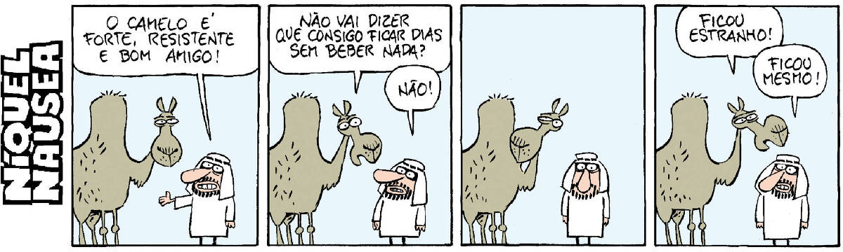 A tira tem quatro quadrinhos. O camelo e o Beduíno conversam. Quadrinho 01- Beduíno: O camelo é forte, resistente e bom amigo. Quadrinho 02- Camelo: Não vai dizer que consigo ficar dias sem beber nada? Beduíno: Não! Quadrinho 03- Os dois quietos. Quadrinho 04- Camelo: Ficou estranho! Beduíno: Ficou mesmo!