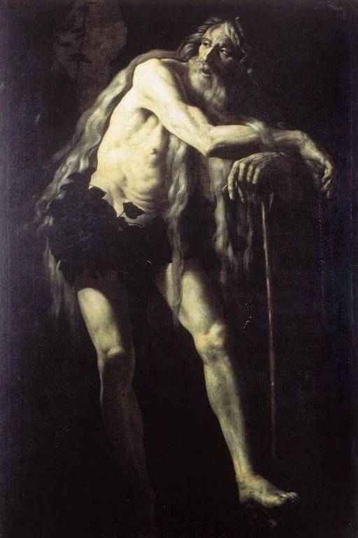 A imagem retrata um homem idoso, nu, com longos cabelos brancos e uma barba. Ele está em uma pose de cansaço, apoiando-se em um bastão. O fundo é escuro, o que destaca a figura do homem, que tem uma expressão melancólica. A iluminação é dramática, ressaltando as formas do corpo e as sombras.