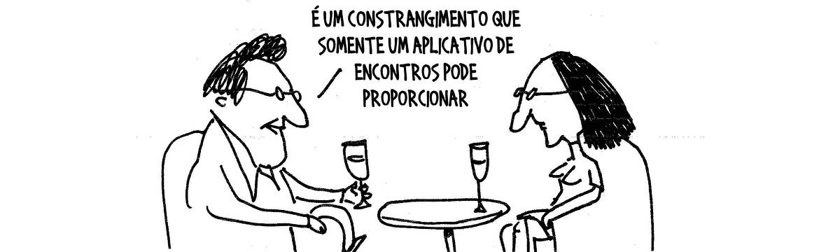 A tira de André Dahmer, publicada em 12.06.2025, tem apenas um quadro. Nele, um homem e uma mulher estão tomando vinho em um restaurante. O homem diz: "É um constrangimento que somente um aplicativo de encontros pode proporcionar".