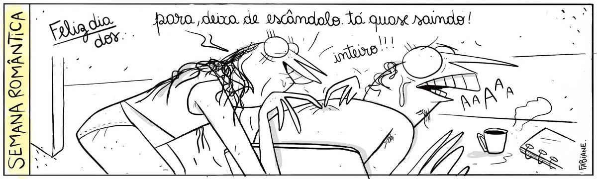 A tira Viver Dói, de Fabiane Langona, publicada em 12/06/25 intitulada “Semana romântica / Feliz dia dos…”, é composta por um único quadro horizontal onde vemos um casal de namorados heteronormativos. O namorado está sentado em uma cadeira com uma mesa em frente, na qual vemos um fichário e uma xícara de café. A namorada está apoiada por trás dele com expressão de prazer extremo espremendo com força e determinação um poro obstruído por sedosidade cutânea (cravo) das costas do mesmo, que, por sua vez, estampa em sua face muita dor e desconforto.  No quadrinho 1, o namorado grita enquanto a namorada diz: “Para de escândalo, tá quase saindo!! Inteiro!!!”. 