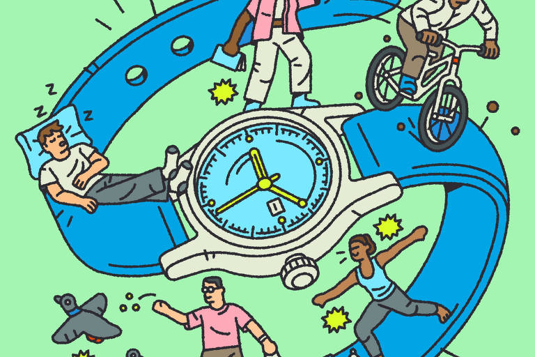 A imagem ilustra um relógio de pulso estilizado, com uma pulseira azul. Dentro do mostrador do relógio, há figuras representando diferentes atividades diárias: uma pessoa dormindo, outra caminhando, uma terceira correndo, e uma quarta montando uma bicicleta. Também estão presentes elementos como pássaros e garrafas de água, simbolizando a vida cotidiana e a importância do tempo para essas atividades.