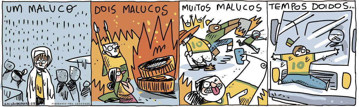 A tira de Galvão Bertazzi se chama Vida Besta e está dividida em quatro quadros. No primeiro quadro temos a legenda: Um maluco O desenho de um homem usando uma capa de chuva e uma camiseta do brasil. Ele está encharcado olhando para o nada. No segundo quadro temos a legenda: Dois malucos. O desenho de um homem e uma mulher vestindo camiseta do brasil e rezando para dois pneus em chamas. NO terceiro quadro temos a legenda: Muitos malucos. O desenho dos baderneiros de 08 de janeiro, defecando no chão e depredando tudo. No terceiro quadro temos a legenda; Tempos doidos... O desenho do patriota agarrado na frende de um caminhão em movimento.