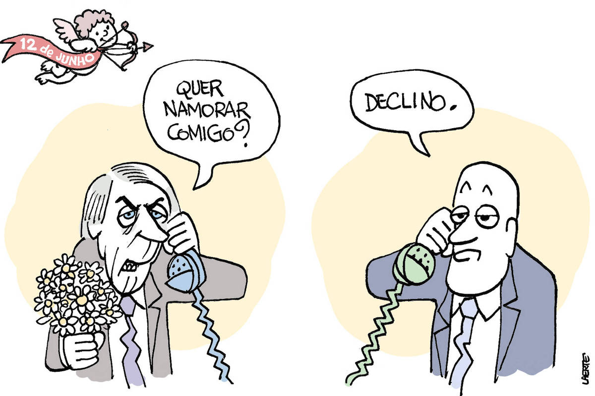 Charge de Laerte é encimada por uma vinheta representando um Cupido com seu arco e flecha, com uma faixa na qual está escrito: “12 DE JUNHO”. De um lado, Bolsonaro fala ao telefone, segurando um buquê de margaridas. Ele diz: “Quer namorar comigo?”. De outro lado, Alexandre de Moraes fala ao telefone e responde: “Declino”.