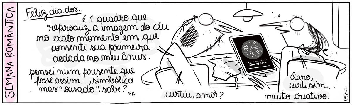 A tira Viver Dói, de Fabiane Langona, publicada em 13/06/25 intitulada “Semana romântica / Feliz dia dos…”, é composta por um único quadro horizontal onde vemos um casal de namorados heteronormativos  sentados em uma mesa. Sobre a mesa, há um quadro, que ao que parece acaba de ser desembrulhado de um papel de presente No quadro vemos estampada a imagem de uma constelação. O namorado fala sorrindo. A namorada também sorri, mas com um semblante levemente reflexivo.  No quadrinho 1, o namorado diz: “É um quadro que reproduz a imagem do céu no exato momento em que consenti sua primeira dedada no meu anus. Queria um presente assim.., que fosse simbólico mas ousado, sabe? Curtiu amor?”.Na sequência,  a namorada responde: “Claro, curti sim. Muito criativo.”.  