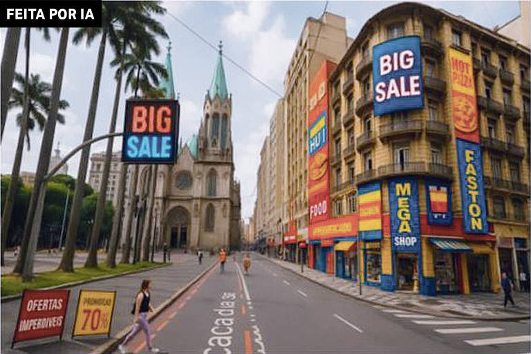 A imagem mostra uma rua urbana com várias lojas e uma igreja ao fundo. À esquerda, há uma igreja com torres altas e detalhes arquitetônicos. À direita, prédios comerciais exibem grandes letreiros coloridos com as palavras 'BIG SALE', 'FOOD', 'MEGA SHOP' e 'PASTON'. A rua está parcialmente vazia, com algumas pessoas caminhando. Há também um sinal de promoção com a frase 'OFERTAS IMPERDÍVEIS'.