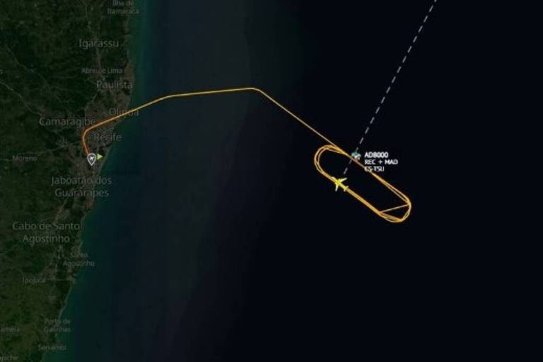 Pane volta a frustrar voo inaugural da Azul de Recife para Madri, que de novo fez voltas sobre o mar