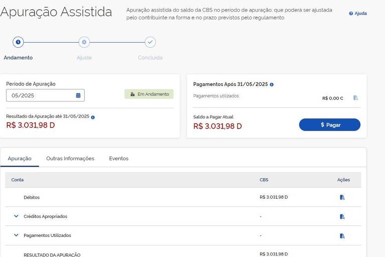 A imagem mostra uma interface de um sistema de apuração assistida, com informações sobre o período de apuração, resultados financeiros e pagamentos. O período de apuração é de 05/2025, com um saldo a pagar de R$ 3.031,98. Há também detalhes sobre débitos, créditos apurados e pagamentos utilizados, além de um botão para realizar o pagamento.