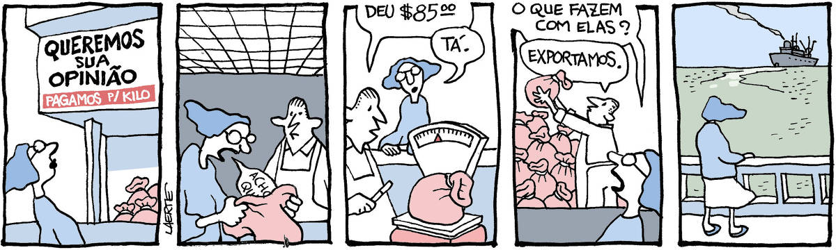 Tira de Laerte, em 5 quadrinhos. 1) Uma mulher olha uma placa de um comércio, que diz: “QUEREMOS SUA OPINIÃO - PAGAMOS POR KILO”. Há vários volumes ensacados num monte. 2) A mulher segura um saco vazio e fala junto à boca dele. O balão de sua fala entra dentro do saco. No balão de fala há um começo de frase: “Acho que…”. Um comerciante observa, ao fundo. 3) O comerciante pesa o saco onde está a fala, agora fechado, e diz à mulher: “Deu $85,00” - a mulher diz: “Tá”. 4) O comerciante coloca o saco recém fechado sobre um monte de outros volumes ensacados. A mulher pergunta: “O que fazem com elas?” - o comerciante responde: “Exportamos”. 5) A mulher, junto a um parapeito à beira-mar, observa um navio que se afasta no horizonte.