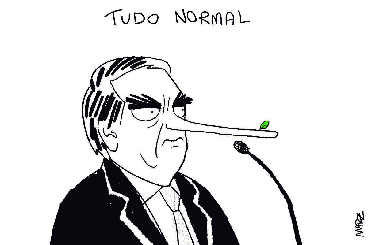 Charge de Marília Marz com o título "Tudo Normal" mostra o ex-presidente Jair Bolsonaro durante seu depoimento no STF com expressão séria e nariz de pinóquio. Na sua frente há um microfone, e na ponta de seu nariz cresce uma folhinha.